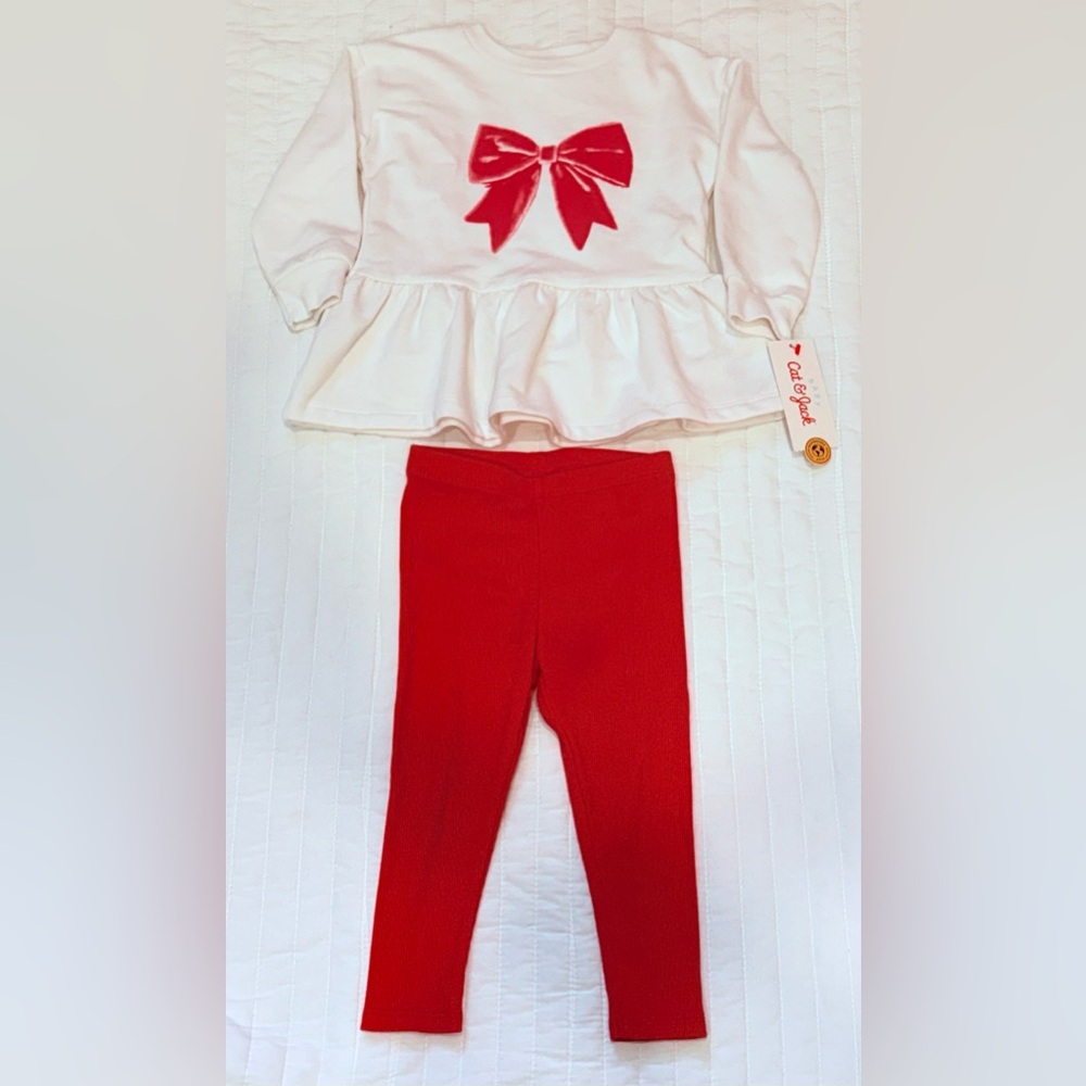 NWT Cat & Jack Red and White Tutu Skirt Shirt and Pant Set Size 18 months